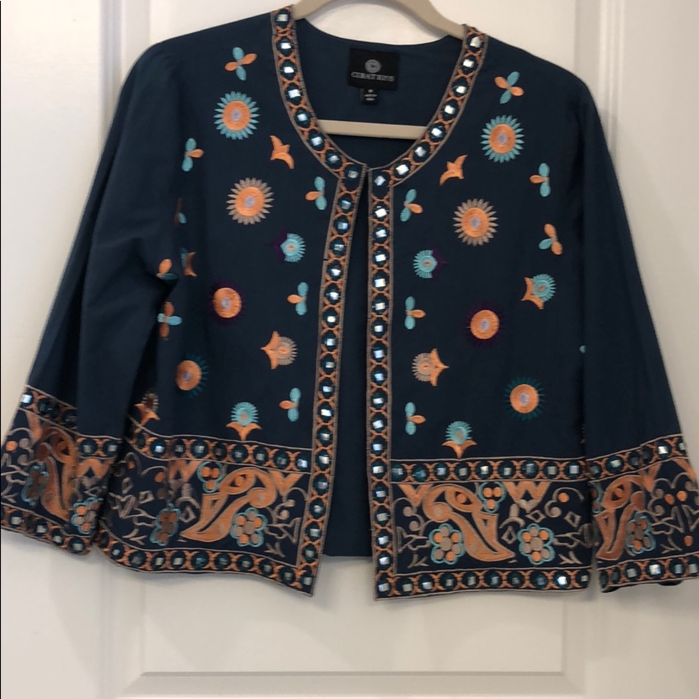 Curations cropped, embroidered teal jacket.
